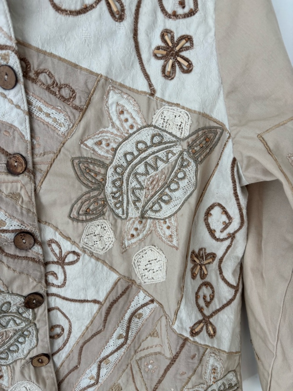 Vintage TanJay Embroidered Patchwork Jacket Beige Boho Cotton Cropped Blazer - Picture 3 of 12